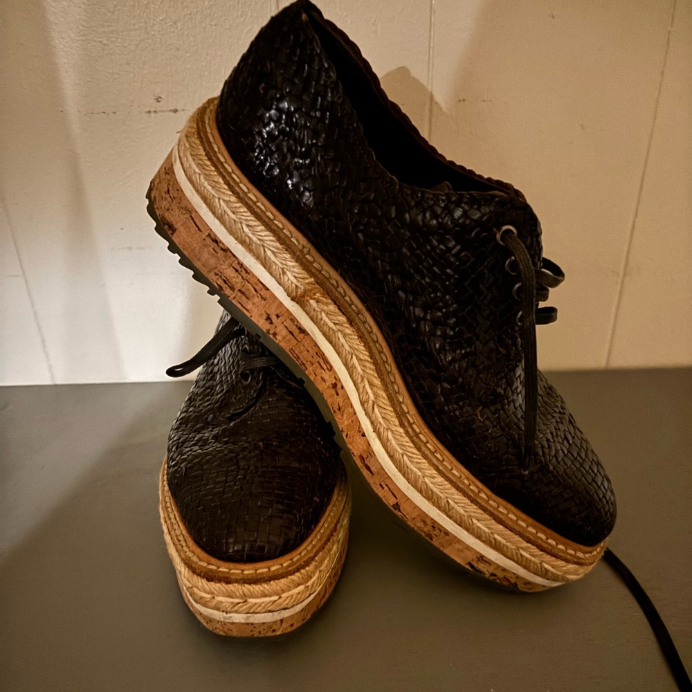 Prada Black Textured Flats with Tan Sole